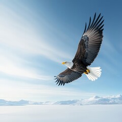 Obraz premium Majestic Eagle Soaring Over Snowy Landscape