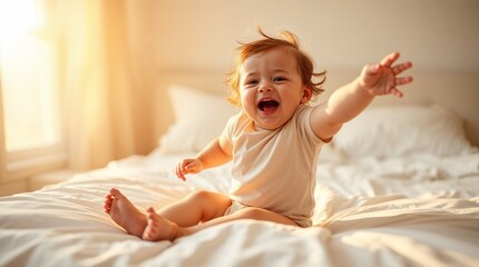 Fototapeta premium Happy baby sitting on bed, reaching out in sunlit room