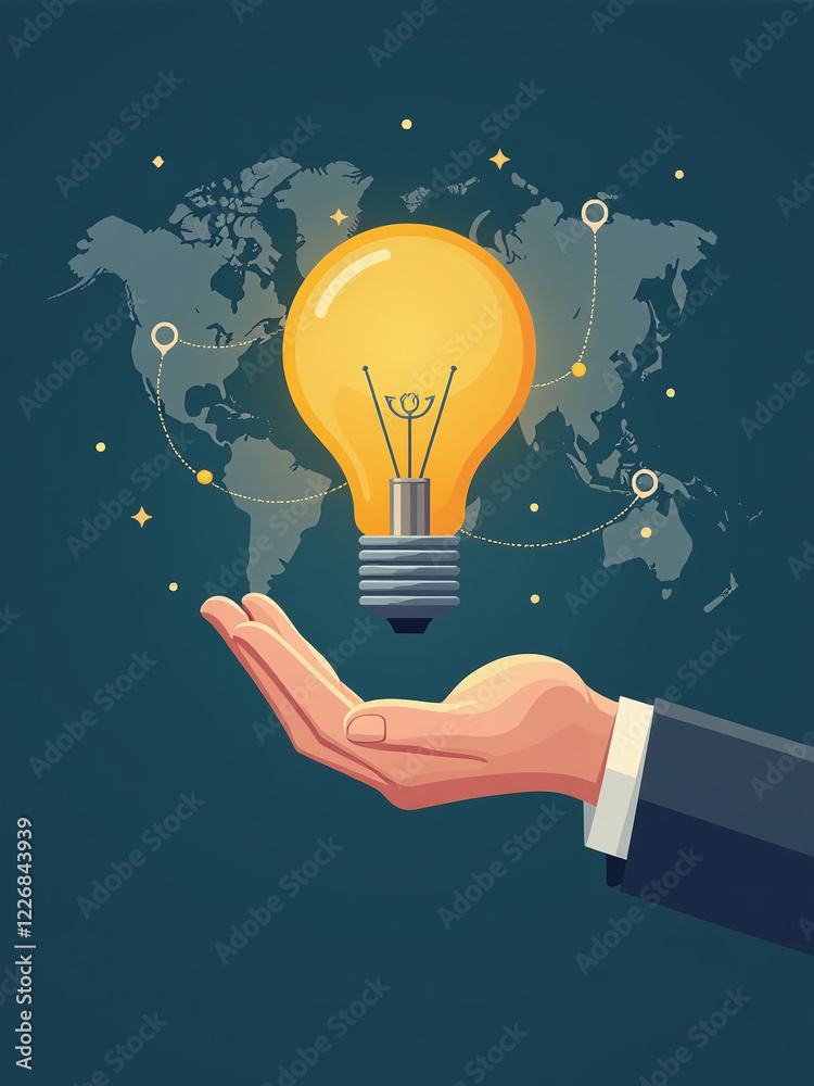 Poster a hand holds a light bulb above global internet connections for business applications and digital ma