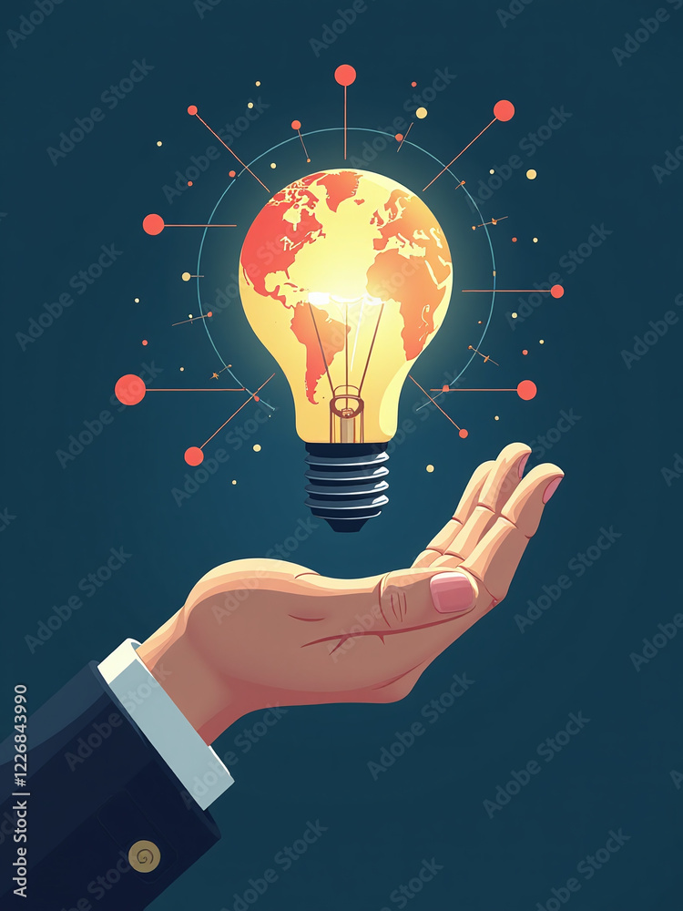 Aufkleber a hand holds a light bulb above global internet connections for business applications and digital ma