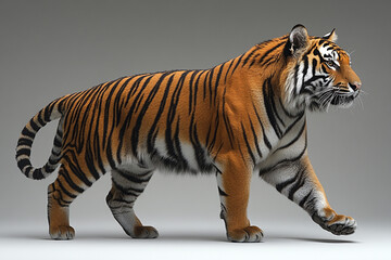 Fototapeta premium Majestic Tiger Walking Gracefully Across Plain Background
