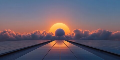 Distant solar array reducing greenhouse gases against a vibrant sunset sky, symbolizing sustainable energy solutions.