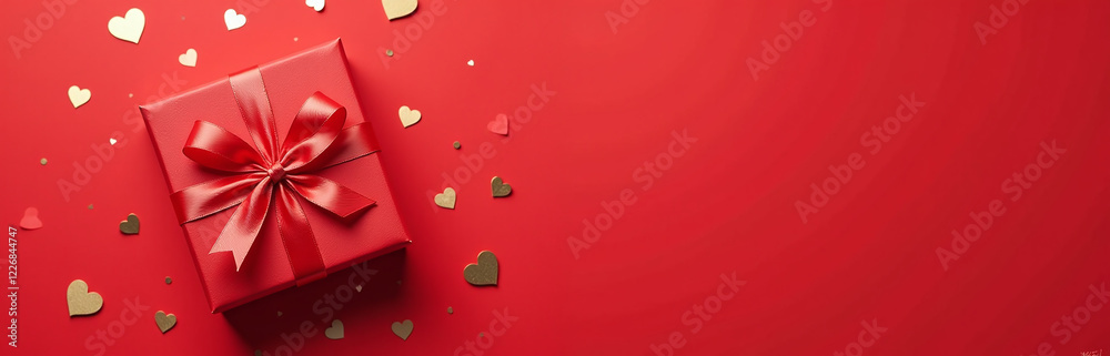 Poster a flat lay design features a gift box wrapped in satin ribbon, surrounded by golden hearts and confe