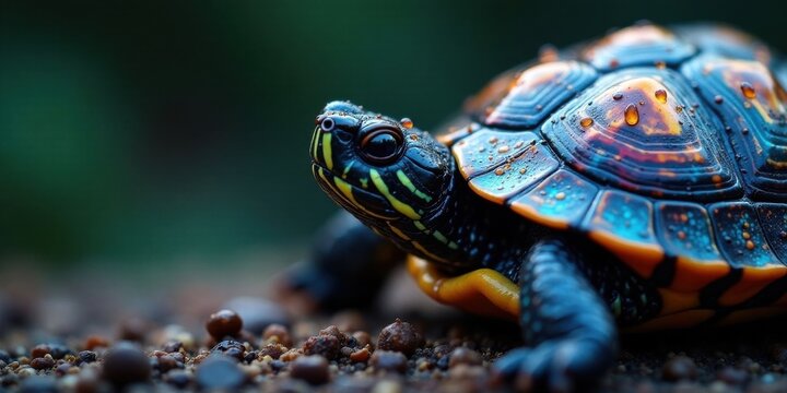 A Vibrant Juvenile Reptile on a Pebble Surface, Showing Intricate Shell Detail and Striking Coloration