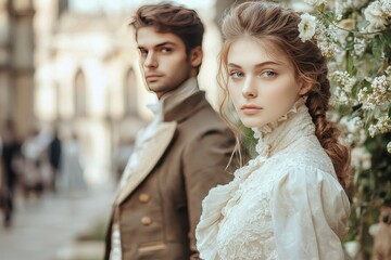 Fototapeta premium Elegant Couple Posing in Romantic Garden Setting