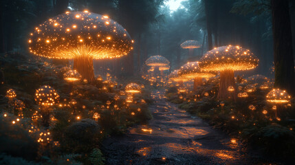 Obraz premium Enchanted Glowing Mushroom Forest