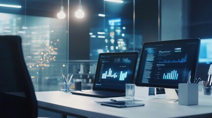 Fototapeta premium Workplace analysis featuring two monitors displaying data and a city view at night