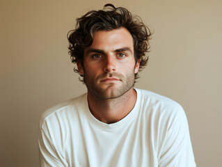 Obraz premium Portrait of a young man with curly hair and intense gaze against a neutral background
