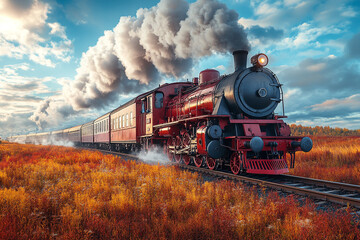 Naklejka premium Red Steam Train Journey Through Autumn Landscape
