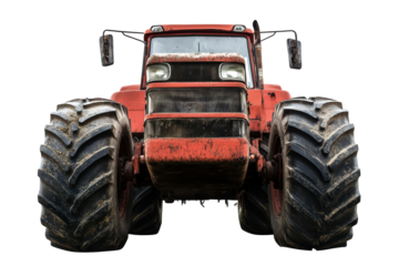 Isolated Front View of a Red Vintage Tractor with Large Wheels