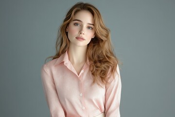 Fototapeta premium Beautiful Woman Wearing a Pink Blouse Against a Gray Background
