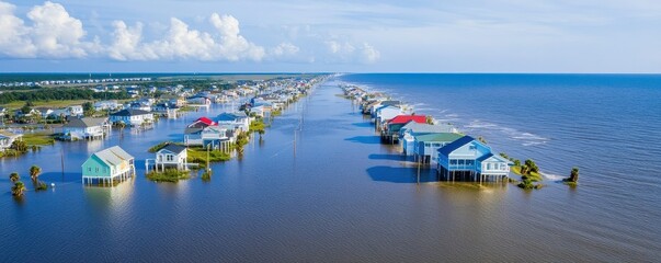 Naklejka premium Aerial view of king tides inundating a coastal town, showcasing the impact of rising sea levels on urban areas.