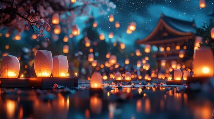 Obraz premium Student memories of graduation ceremony concept. Serene night scene with lanterns near a traditional building and cherry blossoms.