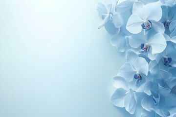Fototapeta premium Serene pastel blue orchids arranged on a light blue background, leaving ample copy space. Ideal for elegant designs or feminine branding.