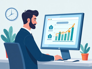 A Businessman Checks His Online Credit Score Ranking, Affected By Loans, Mortgages, And Payments Displayed On A Virtual Screen Nearby Him Instantly. 00001