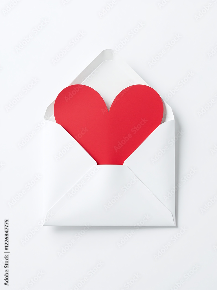 Poster a bright red heart pattern is visible from above on a plain white envelope against a clean white bac