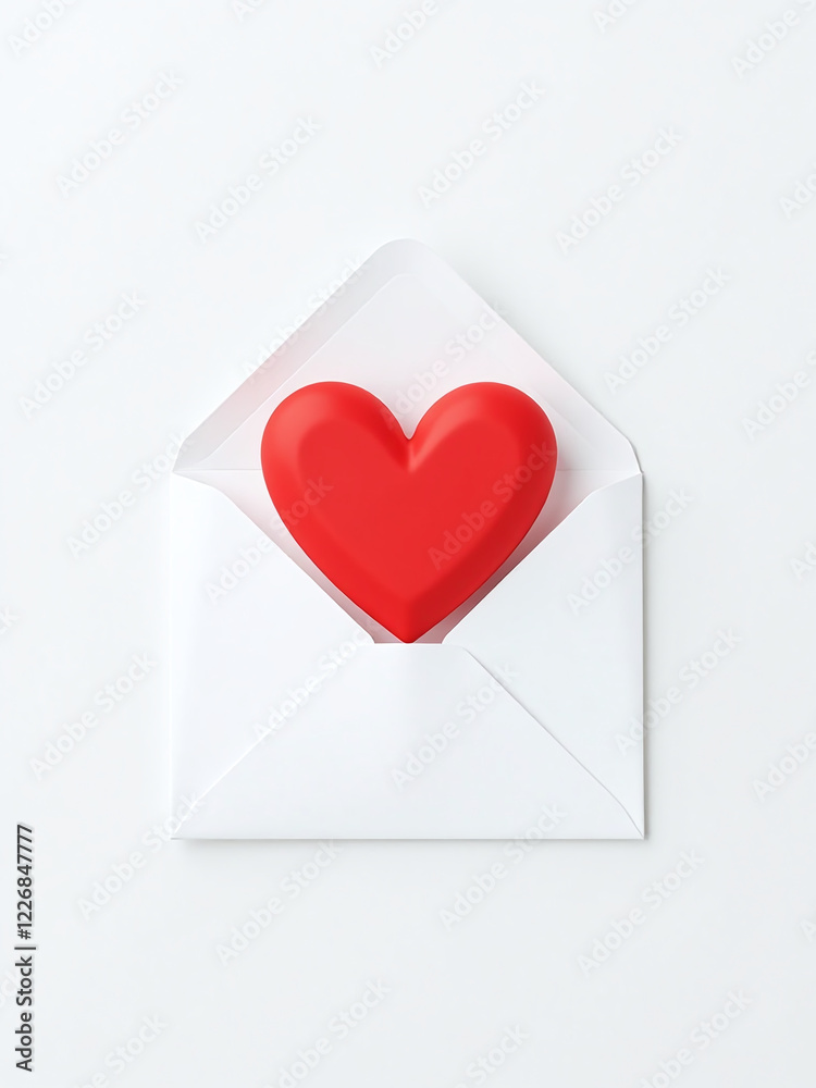 Poster a bright red heart pattern is visible from above on a plain white envelope against a clean white bac
