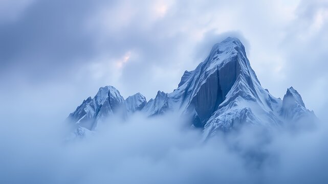 Majestic snow-capped mountain peaks emerge from a sea of fog under a dramatic cloudy sky, creating a breathtaking winter landscape. - Powered by Adobe