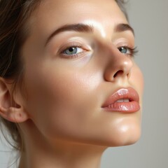 Obraz premium Close-up of woman's face. A beautiful woman with natural makeup and glowing skin looking upwards.