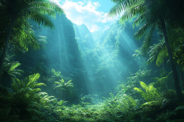Fototapeta premium Lush Tropical Jungle Valley Sunbeams Filtering Through Canopy
