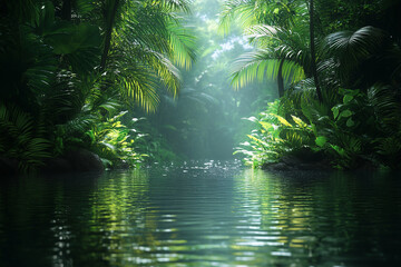 Obraz premium Serene Tropical Jungle Stream Reflecting Lush Greenery
