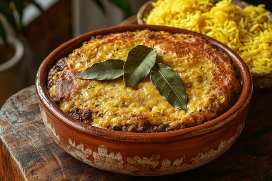 A freshly baked South African bobotie in a rustic ceramic dish, topped with bay leaves and served with yellow rice, showcasing an authentic and hearty dining experience