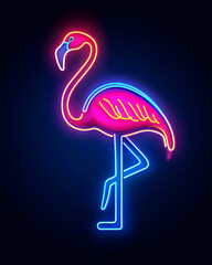 Obraz premium Glowing neon logo with vibrant pink flamingo, isolated on dark background