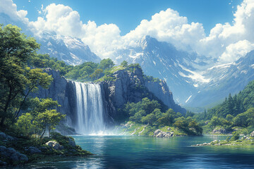 Fototapeta premium Majestic Waterfall Cascading into a Serene Mountain Lake
