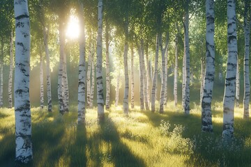 a birch forest with sun light