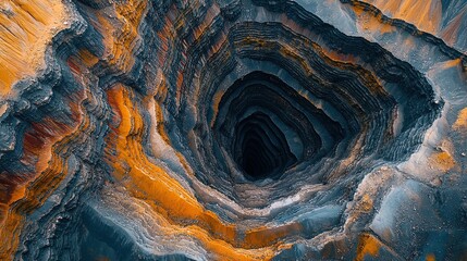 Obraz premium Aerial view of a terraced quarry, symmetrical lines and vibrant colors in the rock