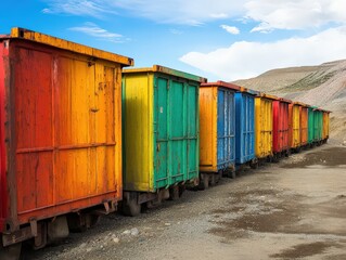 Obraz premium A row of colorful shipping containers filled with minerals waiting for transportation at a mining site