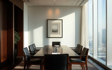 A luxurious meeting room featuring a dark mahogany table with ergonomic black leather chairs. The room is bathed in soft ambient lighting from recessed ceiling fixtures