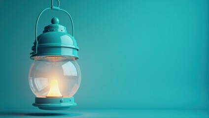Teal Lantern with Illuminated Interior Against Teal Background