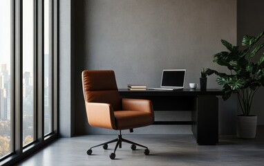 A minimalist executive suite with a sleek black desk, a high-end laptop, a simple leather notebook, and a cup of coffee. 