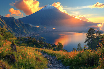 Fototapeta premium Majestic Volcano Sunrise Over Lake and Village Path
