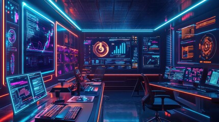 Obraz premium High-energy cyber workspace with neon elements, presenting groundbreaking approaches in corporate finance, marketing, and operational planning.