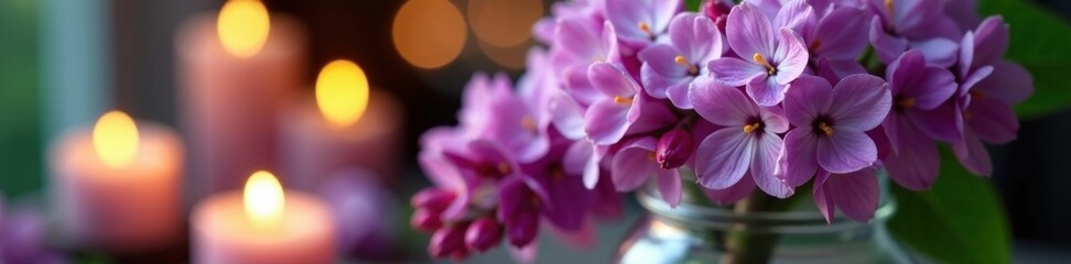 soft purple lilac blossoms in a candlelit jar, soft, flowers