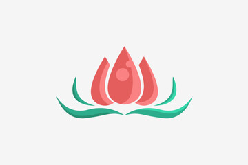 Pink modern flower with green  leaves logo 