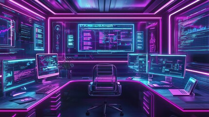 Futuristic workspace with dynamic neon accents, tailored to demonstrate advanced corporate strategies in business and marketing operations.