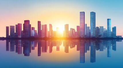 Obraz premium Cityscape Skyline Reflected In Calm Water At Sunset