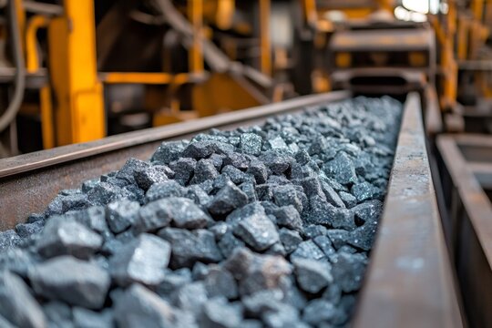 Industrial Conveyor Belt Carrying Raw Coal Pieces