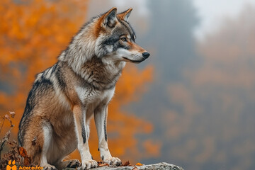 Fototapeta premium Majestic Wolf Sitting Amidst Autumnal Foliage