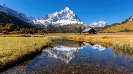 Autumn mountain reflection, serene alpine lake, wooden cabin, clear sky.  Travel postcard