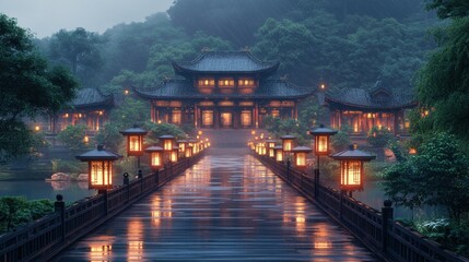 Fototapeta premium Serene evening at an ancient Tang Dynasty courtyard amidst lush greenery