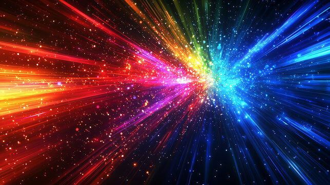 Hyper-detailed digital explosion of electric rainbow light beams bursting into a futuristic cosmic spectrum with vibrant energy radiant glow and sci-fi cyberpunk motion effects