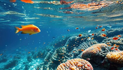 Vibrant underwater coral reef with colorful fish and coral, marine life scene