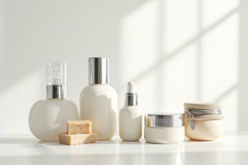 Minimalist Beauty Products. Collection of white cosmetic bottles and containers with soap bars in elegant composition on white surface.