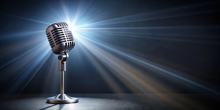 A spotlight shines down on a microphone, casting a bright glow on its metal surface and highlighting its sleek design, audio equipment, bright light