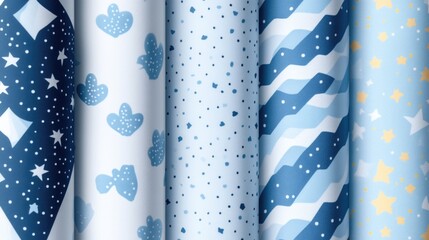 Fototapeta premium Colorful and modern wallpaper designs featuring twinkling stars, snowflakes, and geometric shapes in blue, gold, and white.
