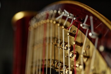 Close up shot of tensing strings on tuning pins and levers of antique harp with wooden frame...